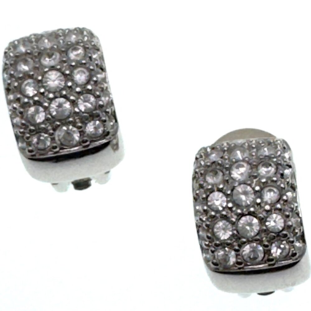 Vintage Swarovski Pave Crystals Silver Tone 1/2 Hoop Clip on Earrings On Card